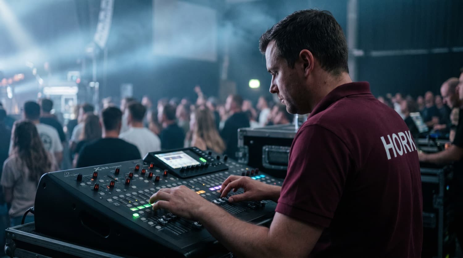 Técnico de HORK a los controles de sonido durante un evento